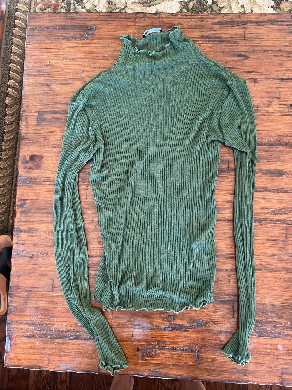 Zara Olive Green Ribbed Long-Sleeve Mock Neck Top
